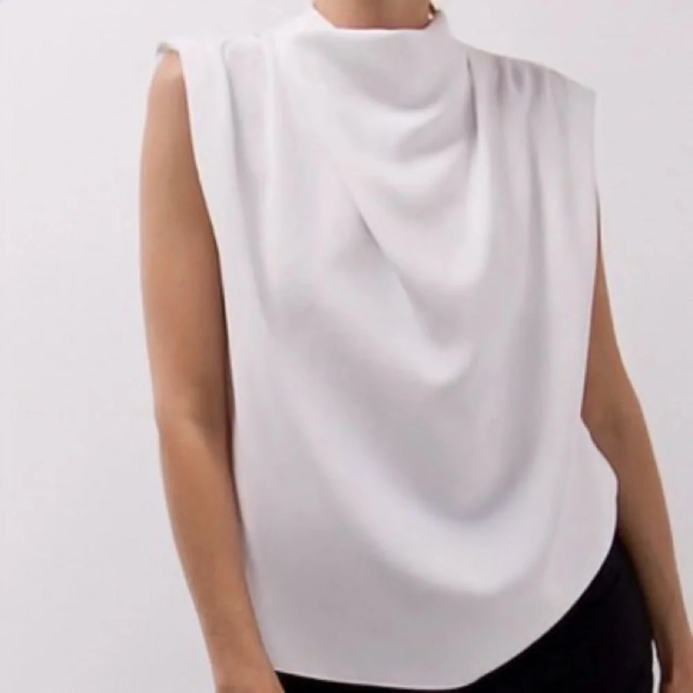 NWT Zara Pleated Shoulder Draped Cowl Neck Sleeveless Blouse in White Size XL - Picture 2 of 16